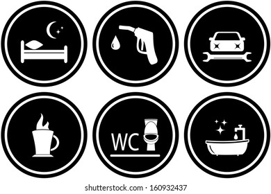 black set round road signs for hotel or gas station 
