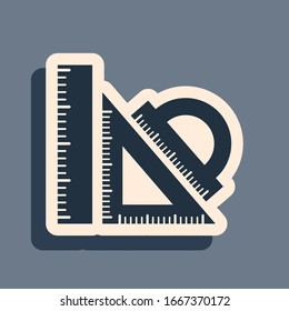Black Set ruler, triangular ruler and protractor icon isolated on grey background. 