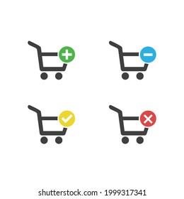 Black set of shopping Carts icon with add, remove, cancel, delete, flat graphic vector isolated on white background. Vector illustration