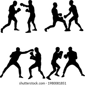 Black set silhouette of an athlete boxer on a white background.