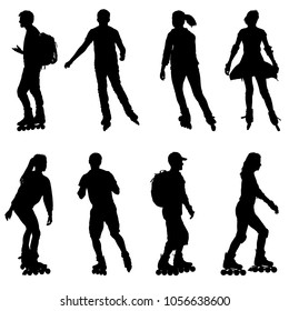 Black set silhouette of an athlete on roller skates on a white background