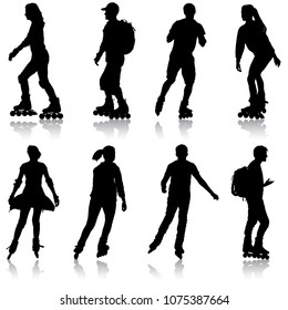 Black set silhouette of an athlete on roller skates on a white background