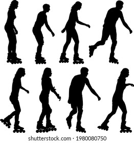 Black set silhouette of an athlete on roller skates on a white background.