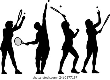 Black set silhouette of female badminton player on white background.