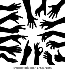 Black set silhouette of hands on white background