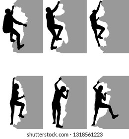 Black set silhouette rock climber on white background