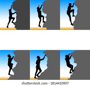 Black set silhouette rock climber on white background