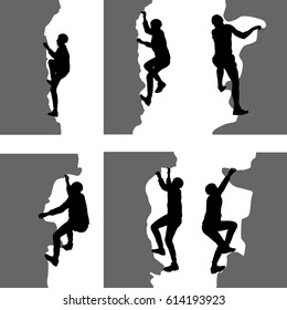 Black set silhouette rock climber on white background.