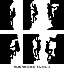 Black set silhouette rock climber on white background