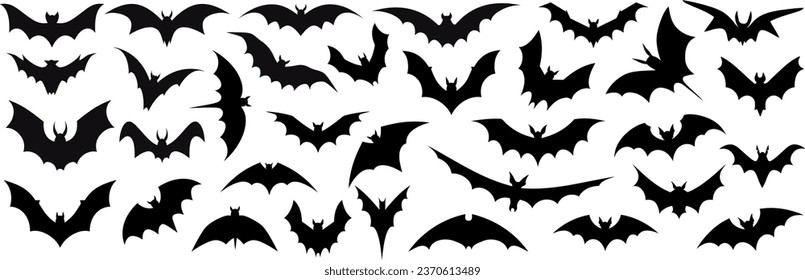 Black set silhouettes of bats isolated. Vector illustration