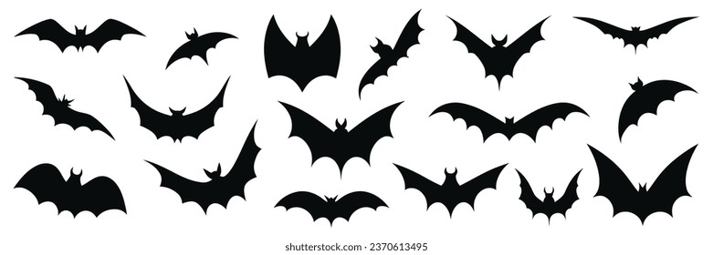 Black set silhouettes of bats isolated. Vector illustration