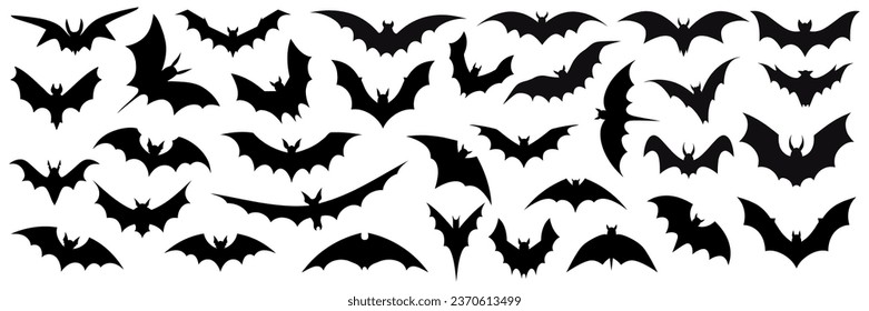 Black set silhouettes of bats isolated. Vector illustration
