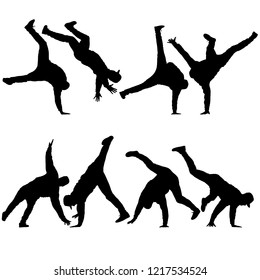 Black set Silhouettes breakdancer on a white background
