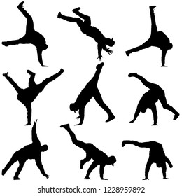Black set Silhouettes breakdancer on a white background