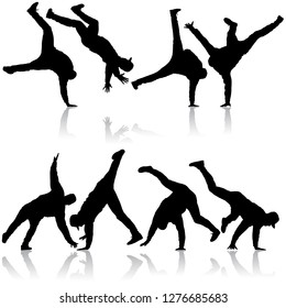 Black set Silhouettes breakdancer on a white background