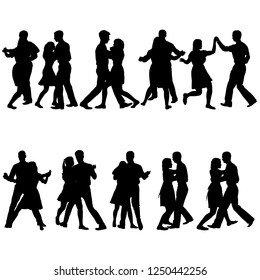 Black set silhouettes dancing man and woman on white background