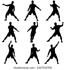 Black set silhouettes man with arm raised on a white background