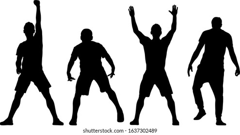 Black set silhouettes man with arm raised on a white background