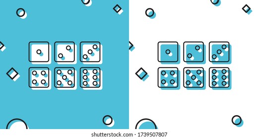 Black Set of six dices icon isolated on blue and white background. Random dynamic shapes. Vector Illustration