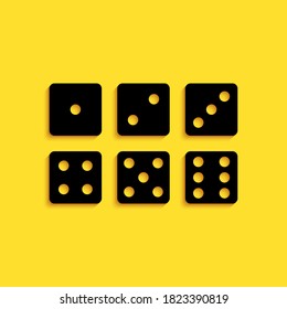 Black Set of six dices icon isolated on yellow background. Long shadow style. Vector.