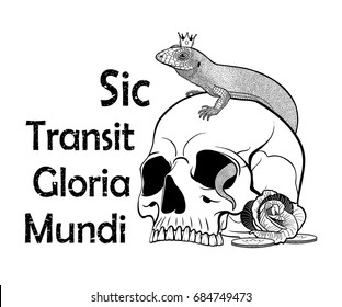 A black set of a skull, a lizard and a rose flower with a Latin aphorism, which reads - Thus passes the glory of the world. Vector drawing, isolated on background, for tattoo.