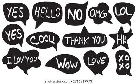 Black set of speech bubbles cartoon. Various forms of windows, clouds for chat, messages with short phrases. Vector elements for text on a white.  Conversation icons. Online chat stickers, Dialog box