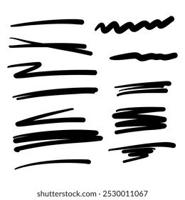 Black set of strokes, brush, underline, notes, in hand drawn style. Vector illustration on isolated white background