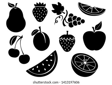 Black set of summer fruits. Vector illustration