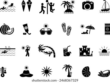 Conjunto negro de iconos de verano. Iconos vectoriales de playa, sol, voleibol de playa, sandía, equipaje, helado, caliente, piscina, gafas de sol, coco y otros