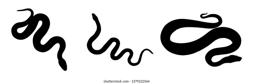 Black set three silhouette snakes. Isolated symbol or icon snake on white background. Abstract sign snake. Vector illustration