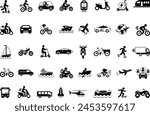 Black Set of Transport Icons. Vector Icons of Cars, Planes, Helicopters, Trams, Motorcycles, Bicycles, Scooters, Boats, Skateboards, Vans and Others