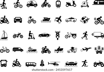 Black Set of Transport Icons. Vector Icons of Cars, Planes, Helicopters, Trams, Motorcycles, Bicycles, Scooters, Boats, Skateboards, Vans and Others