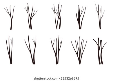 Black set vector bare tree dry dead silhouette without leaves dead tree no life hand drawn damaged environment autumn white background