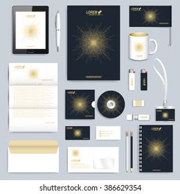 Black set of vector corporate identity template. Modern business stationery mock-up. Branding design with round golden form connected lines and dots . Medicine, science, technology concept.