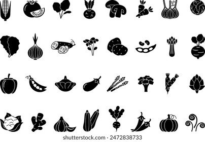 Black Set of Vegetables Icons. Organic Products. Vector Icons of Tomato, Cucumber, Corn, Cabbage, Pepper, Potatoes, Radishes, Spinach, Carrots, Peas, Broccoli, Pumpkin and Others