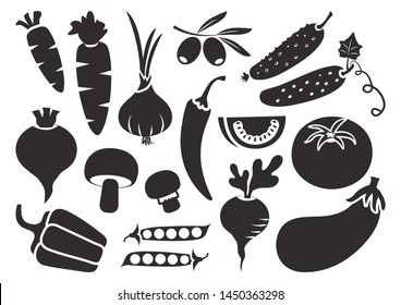 Black set of vegetables isolated on white background. Vector illustration