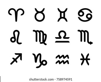 Black set of zodiac symbols, flat icons on the white background. Zodiac signs set isolated on white background. Star signs for astrology horoscope. Zodiac line stylized symbols. Astrological calendar 