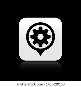 Black Setting icon isolated on black background. Tools, service, cog, gear, cogwheel sign. Silver square button. Vector Illustration