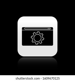 Black Setting icon isolated on black background. Adjusting, service, maintenance, repair, fixing. Silver square button. Vector Illustration