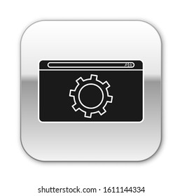 Black Setting icon isolated on white background. Adjusting, service, maintenance, repair, fixing. Silver square button. Vector Illustration