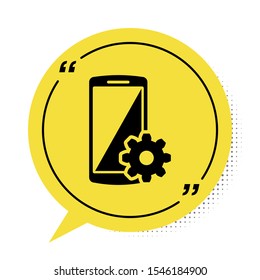 Black Setting on smartphone icon isolated on white background. Mobile phone and gear. Adjusting, service, setting, maintenance, repair, fixing. Yellow speech bubble symbol. Vector Illustration