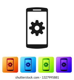 Black Setting on smartphone screen icon on white background. Mobile phone and gear sign. Adjusting app, set options, repair, fixing phone concepts. Set icon in color square button. Vector Illustration