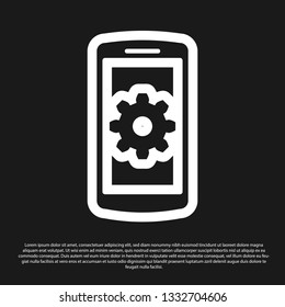 Black Setting on smartphone screen icon on black background. Mobile phone and gear sign. Adjusting app, set options, repair, fixing phone concepts. Vector Illustration
