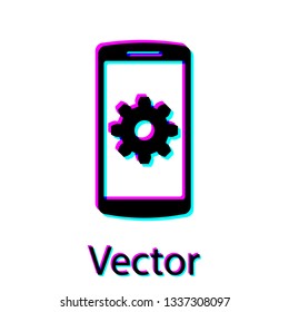 Black Setting on smartphone screen icon on white background. Mobile phone and gear sign. Adjusting app, set options, repair, fixing phone concepts. Vector Illustration