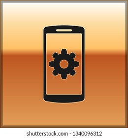 Black Setting on smartphone screen icon on gold background. Mobile phone and gear sign. Adjusting app, set options, repair, fixing phone concepts. Vector Illustration