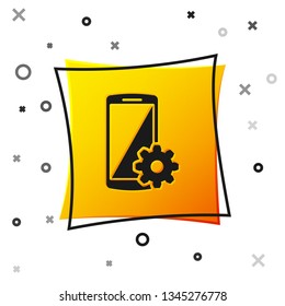 Black Setting on smartphone screen icon isolated on white background. Mobile phone and gear sign. Adjusting app, set options, repair, fixing phone concepts. Yellow square button. Vector Illustration