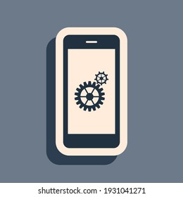 Black Setting on smartphone screen icon isolated on grey background. Mobile phone and gear sign. Adjusting app, set options, repair, fixing phone concepts. Long shadow style. Vector Illustration