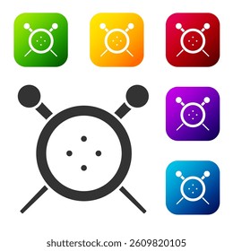 Black Sewing button and knitting needles icon isolated on white background. Clothing button. Set icons in color square buttons. Vector Illustration