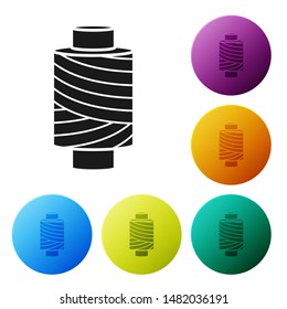 Black Sewing thread on spool icon isolated on white background. Yarn spool. Thread bobbin. Set icons colorful circle buttons. Vector Illustration