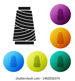 Black Sewing thread on spool icon isolated on white background. Yarn spool. Thread bobbin. Set icons colorful circle buttons. Vector Illustration